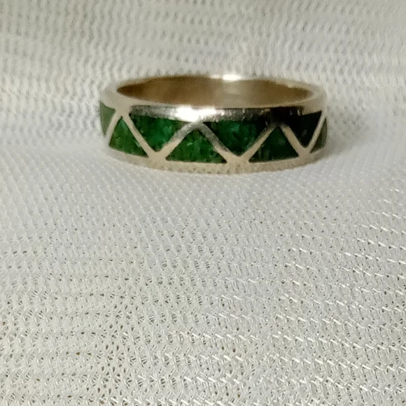 Malachite Gemstone Inlay Sterling Silver Unisex Band Sz 11 - Picture 3 of 9